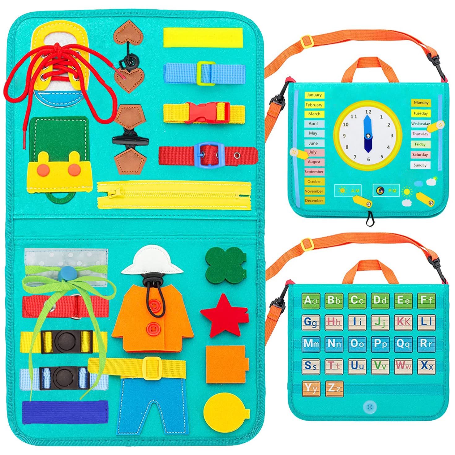 SNOWIE SOFT® Toddler Busy Board, Montessori Toy for Develop Basic Skills, 14 in 1 Learn to Dress Toy for 1 2 3 4 Year Old Kids, Parent-Kids Activity Toy, Bag Design for Airplane or Car Travel - Green SNOWIE SOFT® Toddler Busy Board, Montessori Toy for Develop Basic Skills, 14 in 1 Learn to Dress Toy for 1 2 3 4 Year Old Kids, Parent-Kids Activity Toy, Bag Design for Airplane or Car Travel - Green